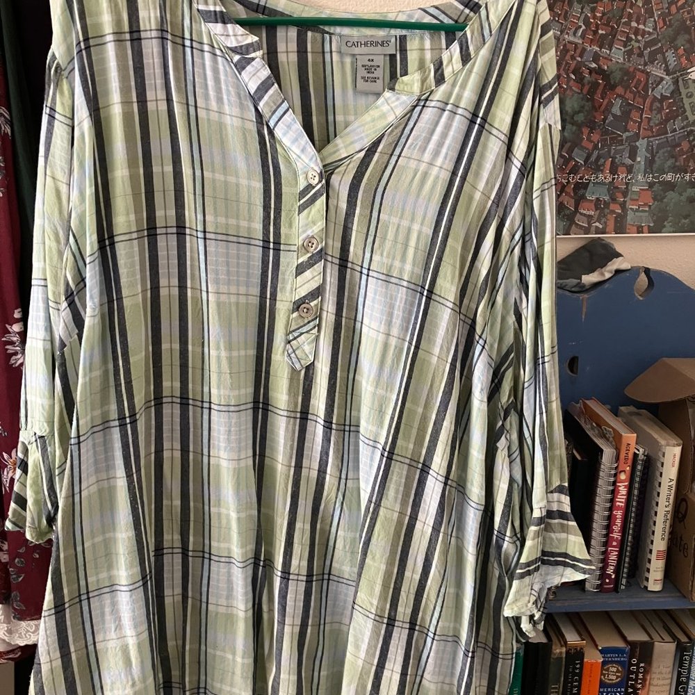Catherines Pale Green Plaid Blouse with Bell Sleeves